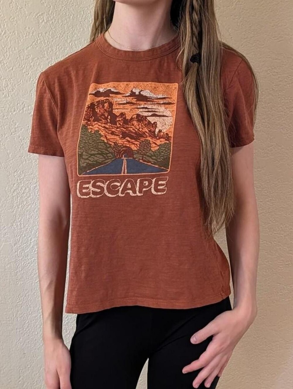 Burnt Orange 'Escape' Graphic Short Sleeve Tee With Retro-Style Landscape Design